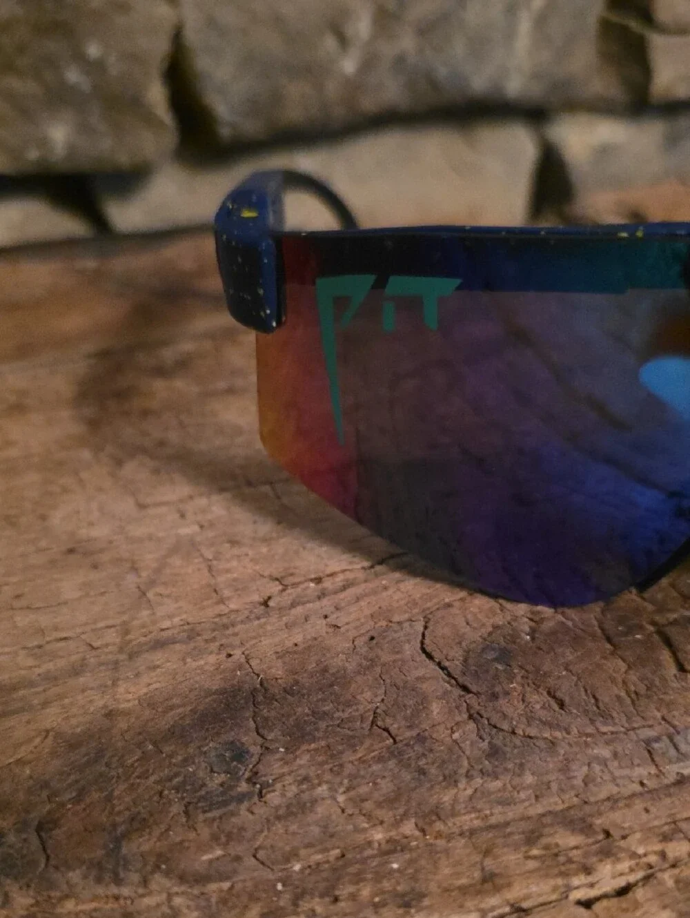 Pit Viper Blue Mirrored Shield Sunglasses with Yellow Splatter
